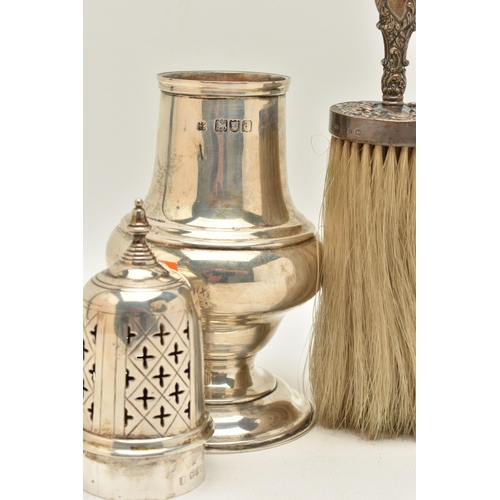 77 - A VICTORIAN SILVER SUGAR CASTER AND CRUMB BRUSH,  plain form with acorn finial and quatrefoil pierce... 