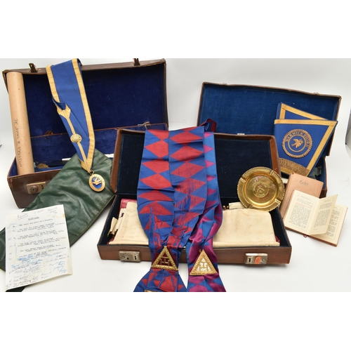 101 - THREE BRIEFCASES OF MASONIC REGALIA, to include a silver gilt and light blue guilloche enamel 'Lodge... 