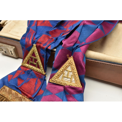 101 - THREE BRIEFCASES OF MASONIC REGALIA, to include a silver gilt and light blue guilloche enamel 'Lodge... 