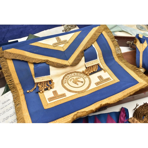 101 - THREE BRIEFCASES OF MASONIC REGALIA, to include a silver gilt and light blue guilloche enamel 'Lodge... 