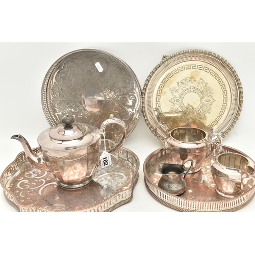 102 - AN ASSORTMENT OF SILVER PLATE TABLE WARE, to include three trays, a salver, a 'Walker & Hall' three ... 