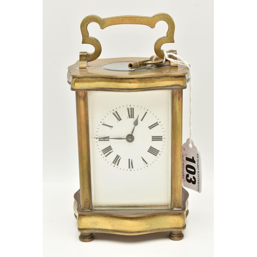 103 - A BRASS CARRIAGE CLOCK, key wound clock with a white Roman numeral dial, approximate height 12cm (co... 