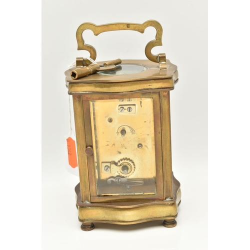 103 - A BRASS CARRIAGE CLOCK, key wound clock with a white Roman numeral dial, approximate height 12cm (co... 