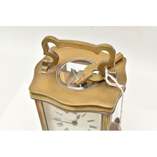 103 - A BRASS CARRIAGE CLOCK, key wound clock with a white Roman numeral dial, approximate height 12cm (co... 