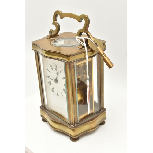 103 - A BRASS CARRIAGE CLOCK, key wound clock with a white Roman numeral dial, approximate height 12cm (co... 