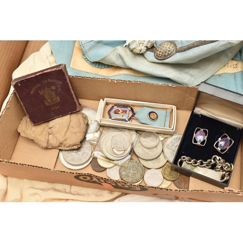 104 - A BOX OF ASSORTED MASONIC REGALIA, to include an apron, a sash, gloves and a medal, also including a... 