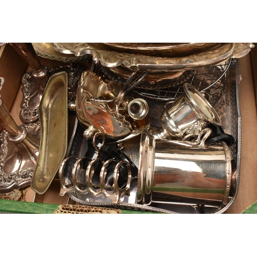 107 - TWO BOXES OF ASSORTED WHITE METAL WARE, to include a Viners of Sheffield Alpha Plate four piece tea ... 