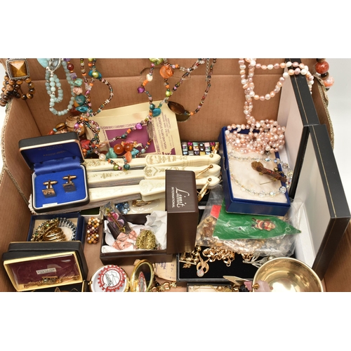 108 - A BOX OF ASSORTED SEMI-PRECIOUS JEWELLERY, COSTUME JEWELLERY AND ITEMS, to include a long single str... 