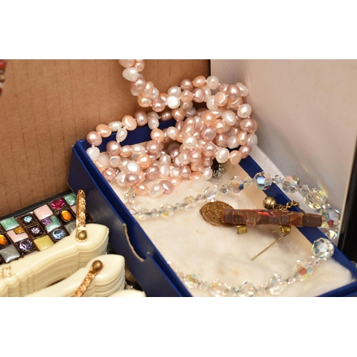 108 - A BOX OF ASSORTED SEMI-PRECIOUS JEWELLERY, COSTUME JEWELLERY AND ITEMS, to include a long single str... 