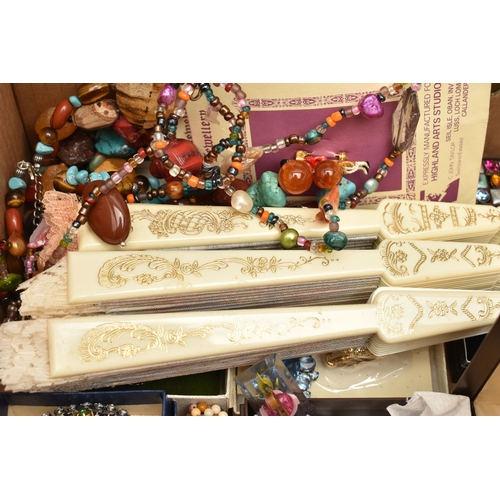 108 - A BOX OF ASSORTED SEMI-PRECIOUS JEWELLERY, COSTUME JEWELLERY AND ITEMS, to include a long single str... 