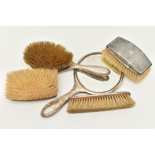 78 - FIVE SILVER VANITY ITEMS, to include a matching hair brush, hand held mirror, and a clothes brush, p... 