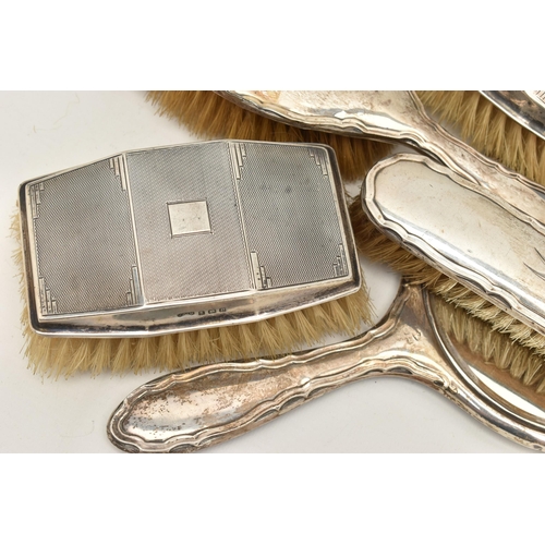 78 - FIVE SILVER VANITY ITEMS, to include a matching hair brush, hand held mirror, and a clothes brush, p... 