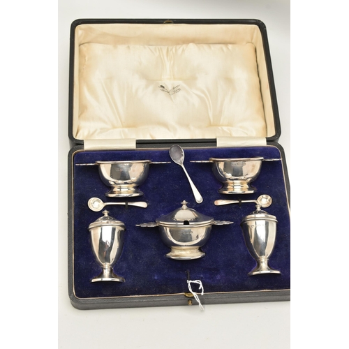 80 - A 'GEORGE UNITE' SILVER CRUET SET, comprising of two salts and a mustard all with blue glass inserts... 