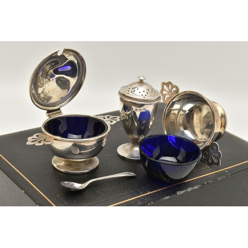 80 - A 'GEORGE UNITE' SILVER CRUET SET, comprising of two salts and a mustard all with blue glass inserts... 