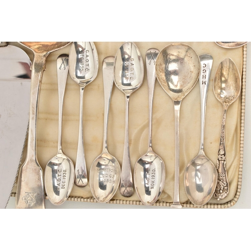 82 - A SELECTION OF SILVER CUTLERY, to include a Georgian fiddle pattern ladle, engraved crest to the ter... 