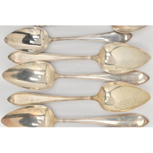 86 - TWELVE WHITE METAL TABLESPOONS, Hanoverian pattern with engraved monogram, six lengths 21cm, Dutch .... 