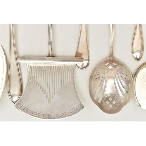 87 - ASSORTED WHITE METAL CUTLERY PIECES, Hanoverian pattern with engraved monogram, to include salad ser... 