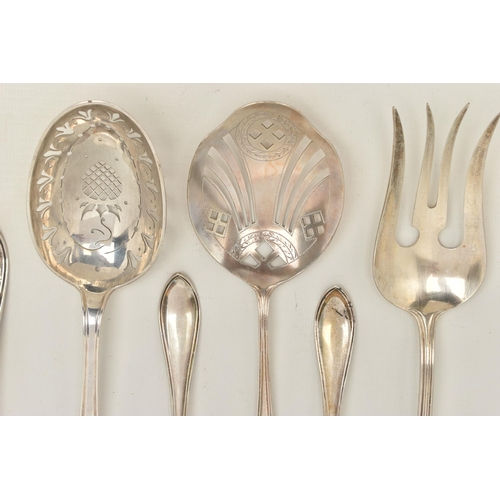 87 - ASSORTED WHITE METAL CUTLERY PIECES, Hanoverian pattern with engraved monogram, to include salad ser... 