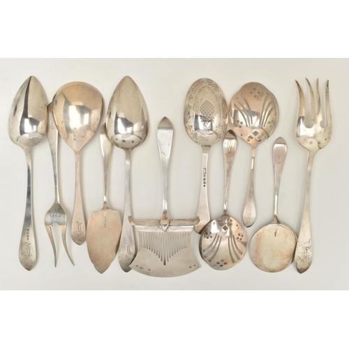 87 - ASSORTED WHITE METAL CUTLERY PIECES, Hanoverian pattern with engraved monogram, to include salad ser... 