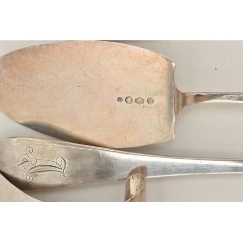 87 - ASSORTED WHITE METAL CUTLERY PIECES, Hanoverian pattern with engraved monogram, to include salad ser... 