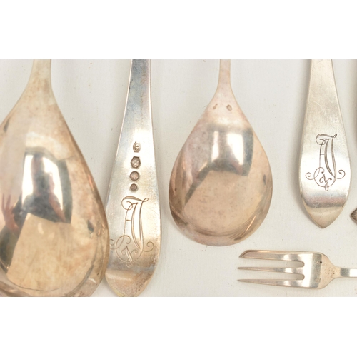 88 - ASSORTED WHITE METAL CUTLERY PIECES, Hanoverian pattern with engraved monogram, to include a ladle, ... 