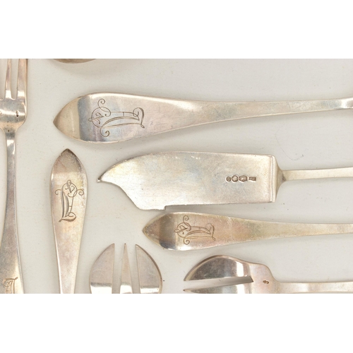 88 - ASSORTED WHITE METAL CUTLERY PIECES, Hanoverian pattern with engraved monogram, to include a ladle, ... 