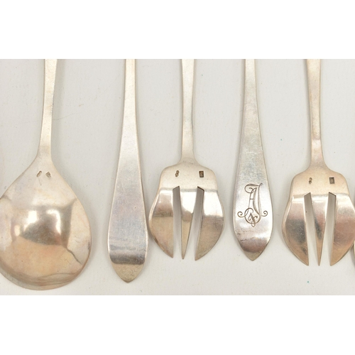 88 - ASSORTED WHITE METAL CUTLERY PIECES, Hanoverian pattern with engraved monogram, to include a ladle, ... 