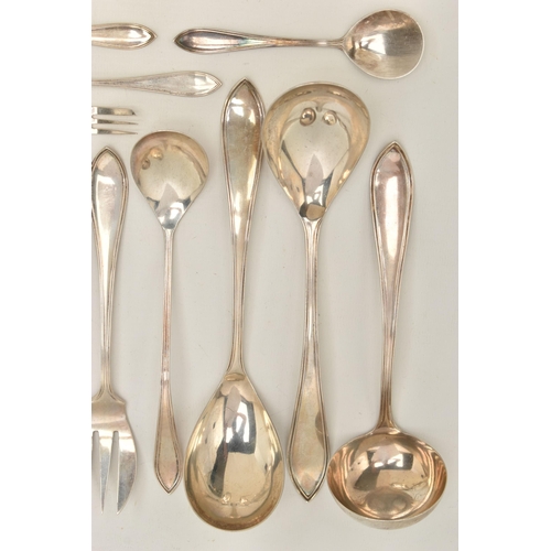 88 - ASSORTED WHITE METAL CUTLERY PIECES, Hanoverian pattern with engraved monogram, to include a ladle, ... 