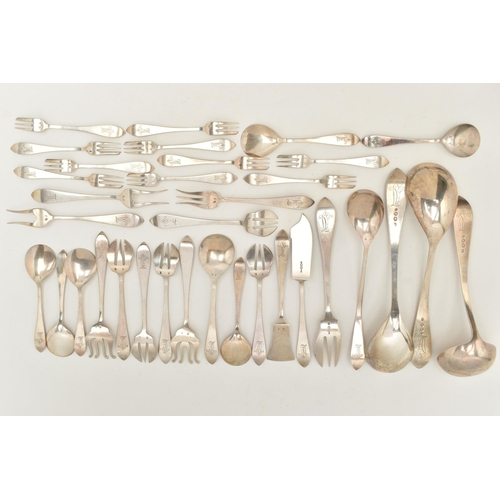 88 - ASSORTED WHITE METAL CUTLERY PIECES, Hanoverian pattern with engraved monogram, to include a ladle, ... 