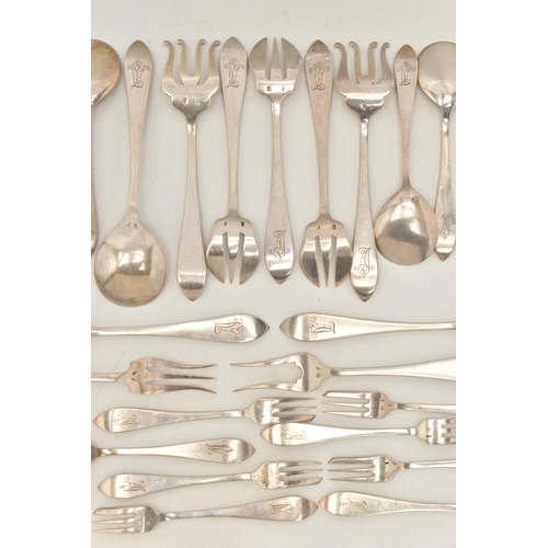 88 - ASSORTED WHITE METAL CUTLERY PIECES, Hanoverian pattern with engraved monogram, to include a ladle, ... 