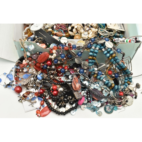 92 - A SHOE BOX OF COSTUME JEWELLERY, to include various beaded necklaces, imitation pearl necklaces, ear... 