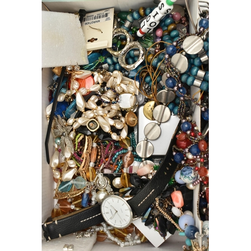 92 - A SHOE BOX OF COSTUME JEWELLERY, to include various beaded necklaces, imitation pearl necklaces, ear... 