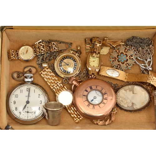 93 - A BOX OF ASSORTED ITEMS, to include a gold plated half hunter pocket watch, a 'Smiths' open face poc... 