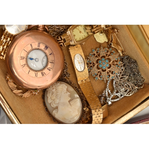 93 - A BOX OF ASSORTED ITEMS, to include a gold plated half hunter pocket watch, a 'Smiths' open face poc... 