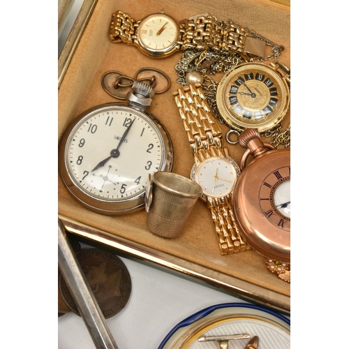 93 - A BOX OF ASSORTED ITEMS, to include a gold plated half hunter pocket watch, a 'Smiths' open face poc... 