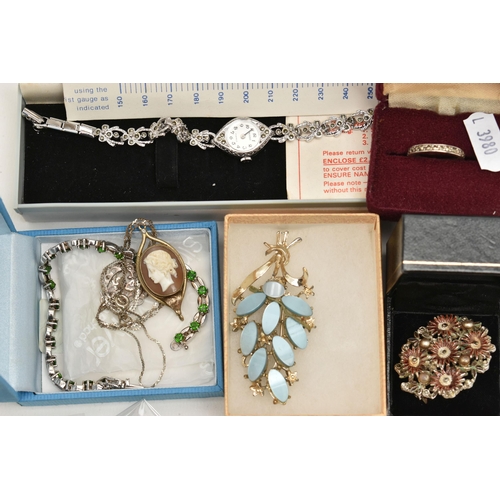 94 - A BOX OF ASSORTED JEWELLERY, to include a white metal bracelet, stamped 925, a white metal and marca... 