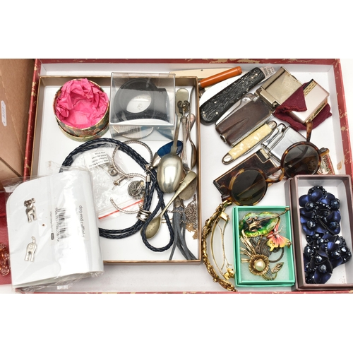 95 - A BOX OF JEWELLERY AND CUTLERY ETC., to include a cultured pearl necklace, the spring ring clasp sta... 