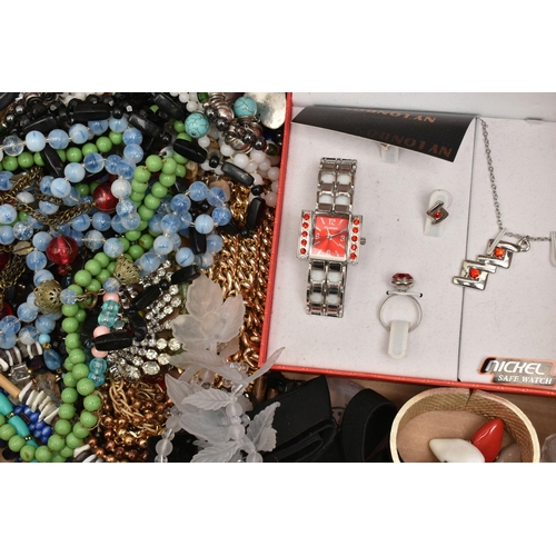 95 - A BOX OF JEWELLERY AND CUTLERY ETC., to include a cultured pearl necklace, the spring ring clasp sta... 