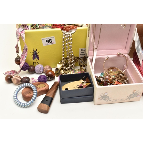 98 - A BOX OF ASSORTED ITEMS, to include a large quantity of unopened souvenir jewellery, assorted costum... 