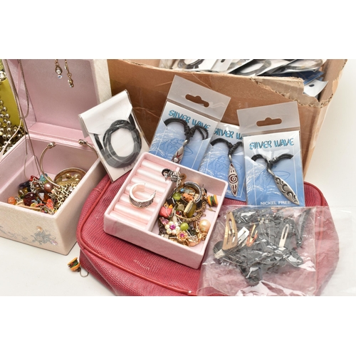 98 - A BOX OF ASSORTED ITEMS, to include a large quantity of unopened souvenir jewellery, assorted costum... 