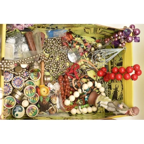 98 - A BOX OF ASSORTED ITEMS, to include a large quantity of unopened souvenir jewellery, assorted costum... 