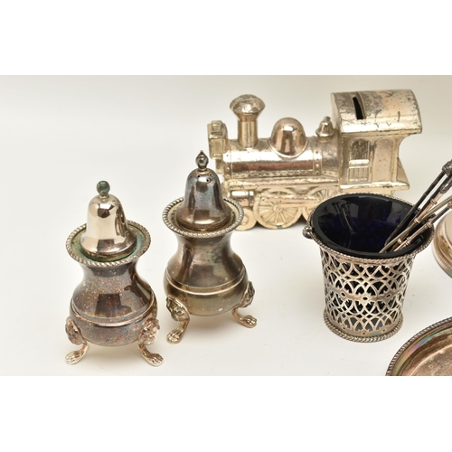 99 - A BOX OF ASSORTED ITEMS, to include a silver basket style salt, with blue glass insert, hallmarked '... 