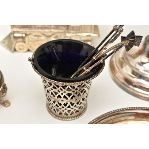 99 - A BOX OF ASSORTED ITEMS, to include a silver basket style salt, with blue glass insert, hallmarked '... 