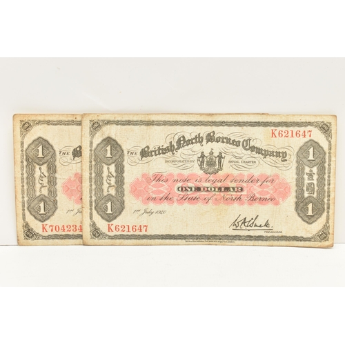 189 - A PAIR OF ONE DOLLAR BRITISH NORTH BORNEO BANKNOTES, July 1940 K704234, K621647 (both notes have war... 