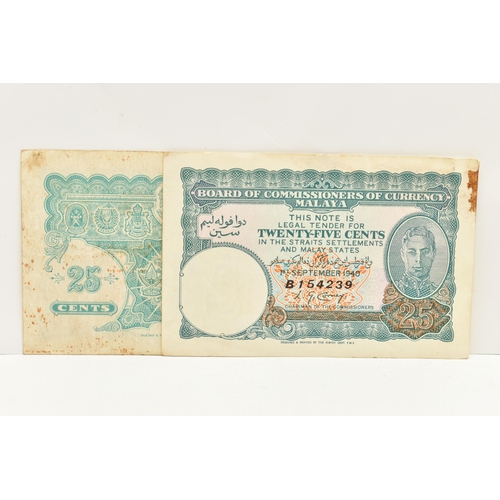 195 - MALAYA PAIR OF CURRENCY NOTES 1940, Twenty-Five Cents B154239, C516587 (condition commensurate with ... 