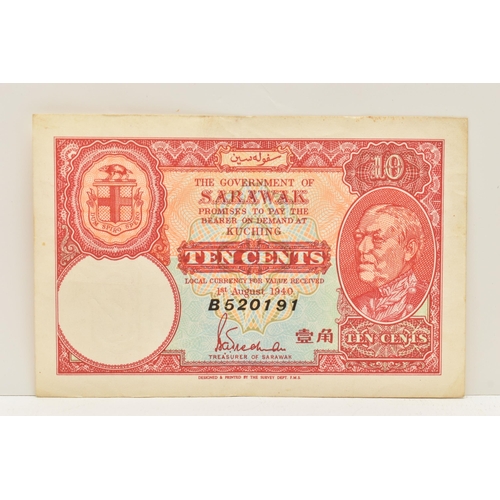 198 - GOVERNMENT OF SARAWAK 10 CENTS, 1st August 1940 B520191 (clean obverse has center fold, some stains ... 