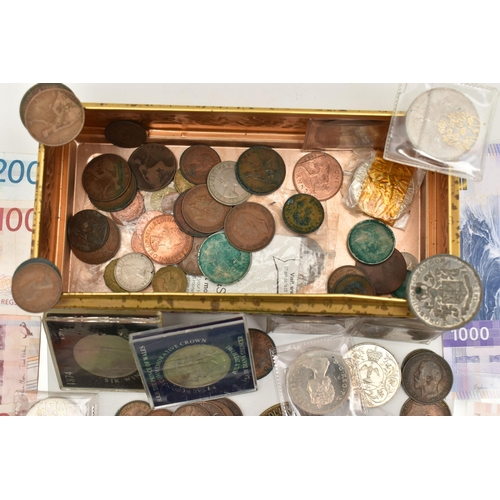 209 - A SMALL TIN CONTAINING COINS BANKNOTES AND MEDALS, to include Norway Kroners 1000, 200, 100 and 50 K... 