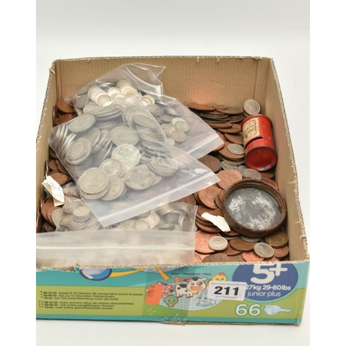 211 - A HEAVY CARDBOARD TRAY OF 20TH CENTURY COINS, containing lots of mixed silver to include .925 Silver... 