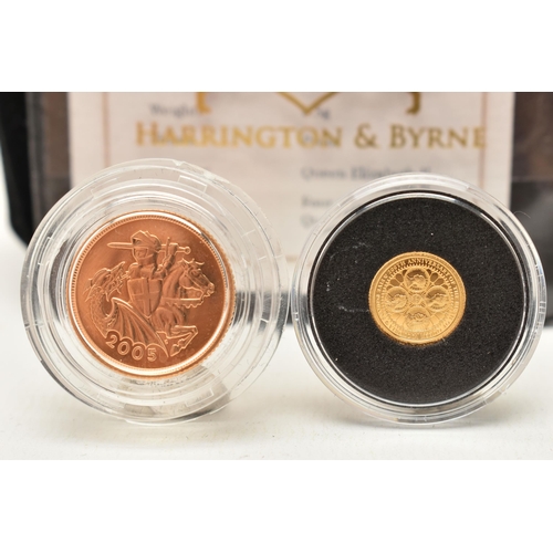 214 - A TIMOTHY NOAD DESIGN GOLD HALF SOVEREIGN, dated 2005, 3.99 grams, 19.5mm, 22ct gold, together with ... 