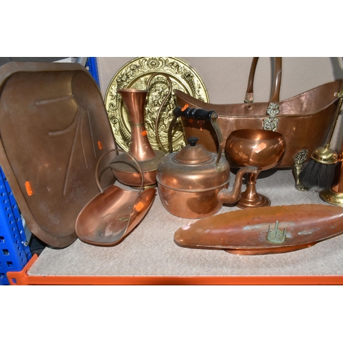 303 - A GROUP OF THIRTEEN COPPER AND BRASS MISCELLANEOUS ITEMS to include four brass footed planters to in... 